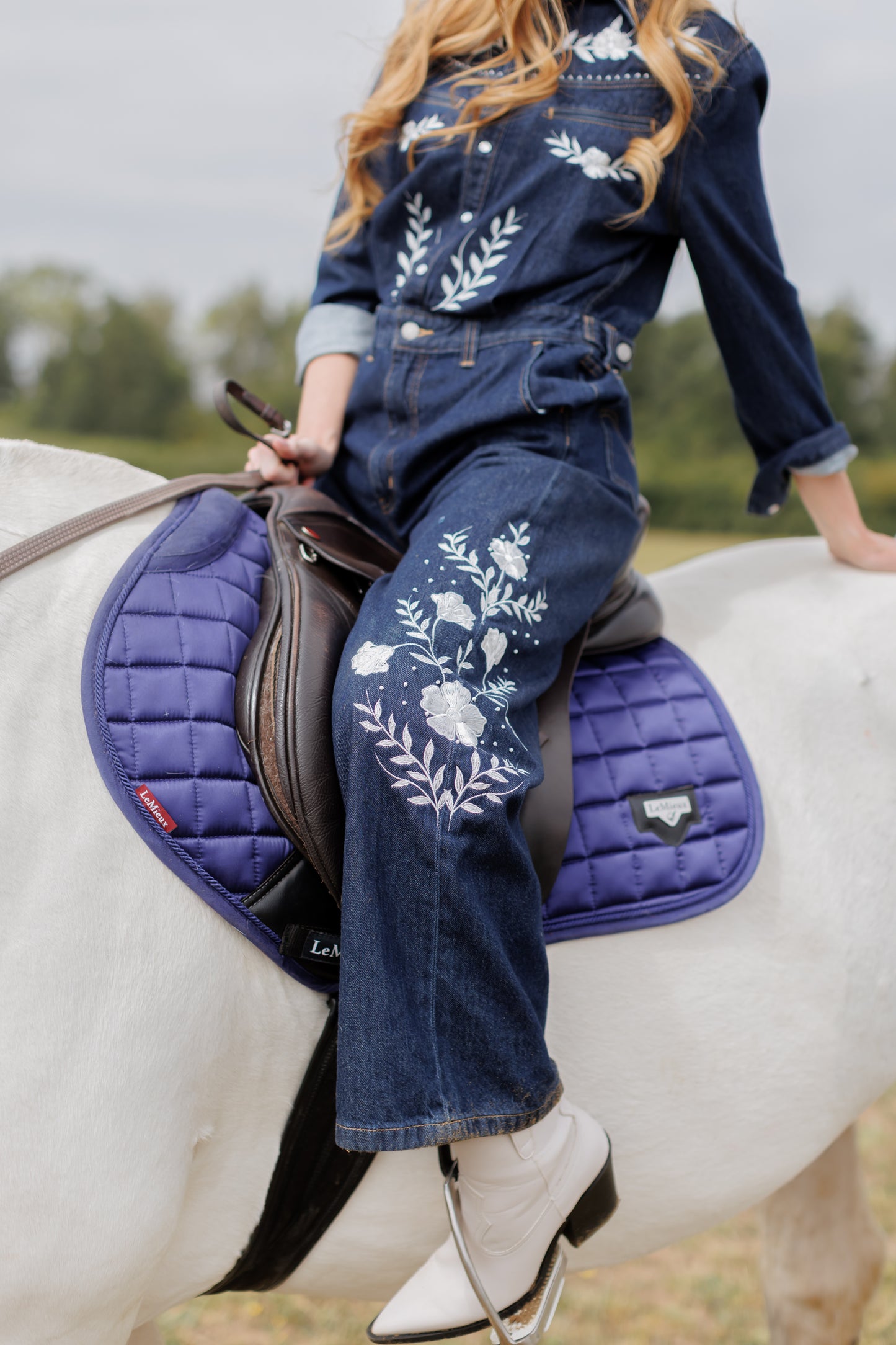 Luxury Levi's Embroidered Dark Blue Wash Jumpsuit with White Beaded Floral Embroidery
