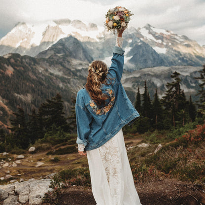 Personalised Mountain Floral Bridal Denim Jacket | Custom Mountain Embroidered Levi's® Wedding Jacket