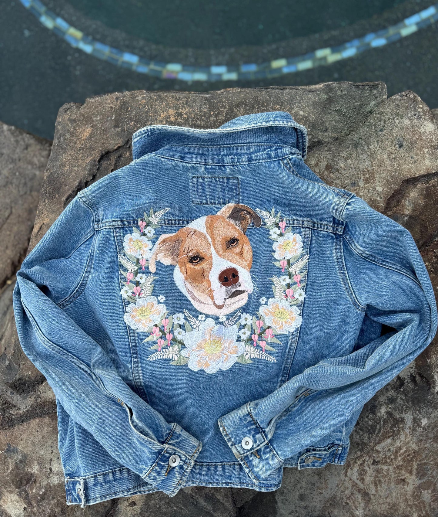 Custom Large Pet Portrait Denim Jacket with Floral Wreath