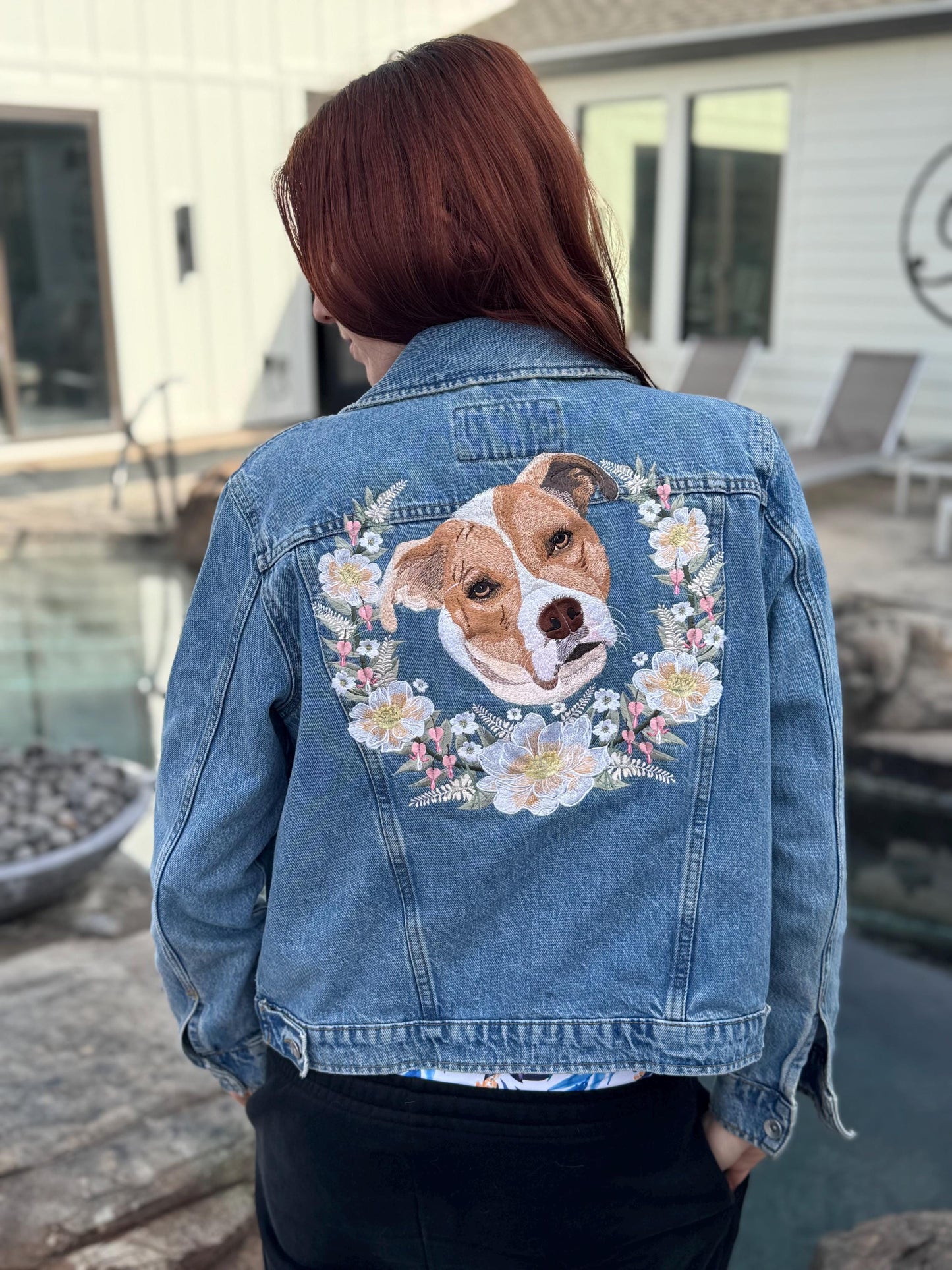Custom Large Pet Portrait Denim Jacket with Floral Wreath