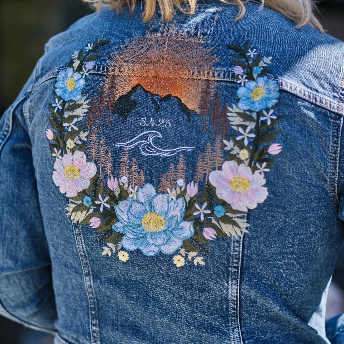 Custom Embroidered Denim Jacket Mountain Floral