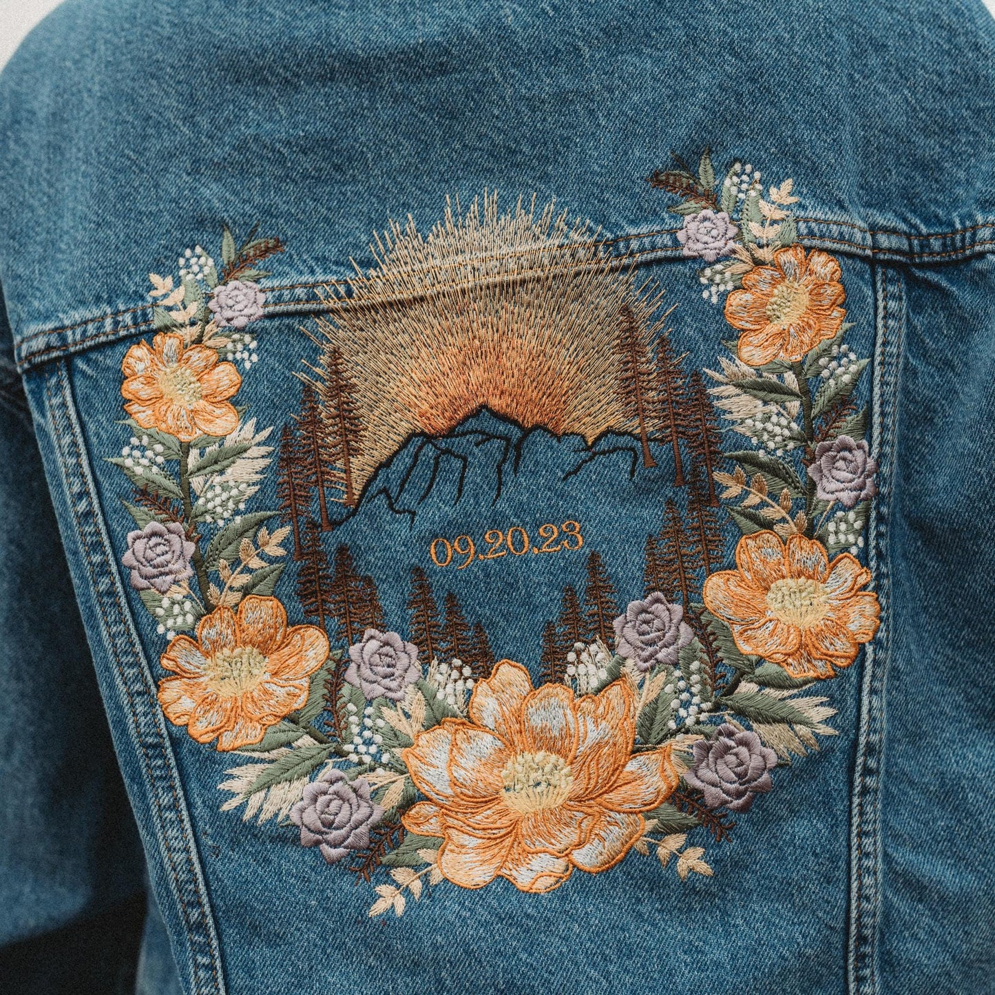 Personalised Mountain Floral Bridal Denim Jacket | Custom Mountain Embroidered Levi's® Wedding Jacket