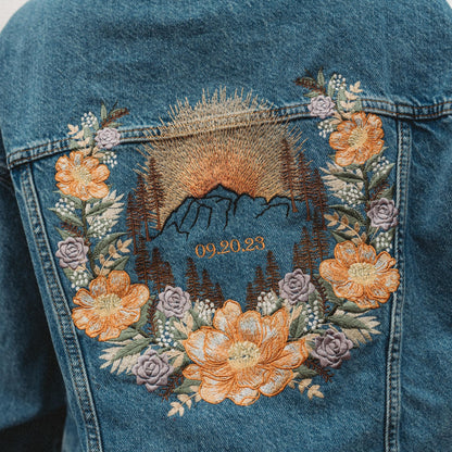 Personalised Mountain Floral Bridal Denim Jacket | Custom Mountain Embroidered Levi's® Wedding Jacket