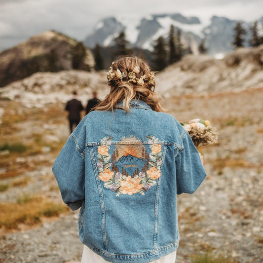 Personalised Mountain Floral Bridal Denim Jacket | Custom Mountain Embroidered Levi's® Wedding Jacket