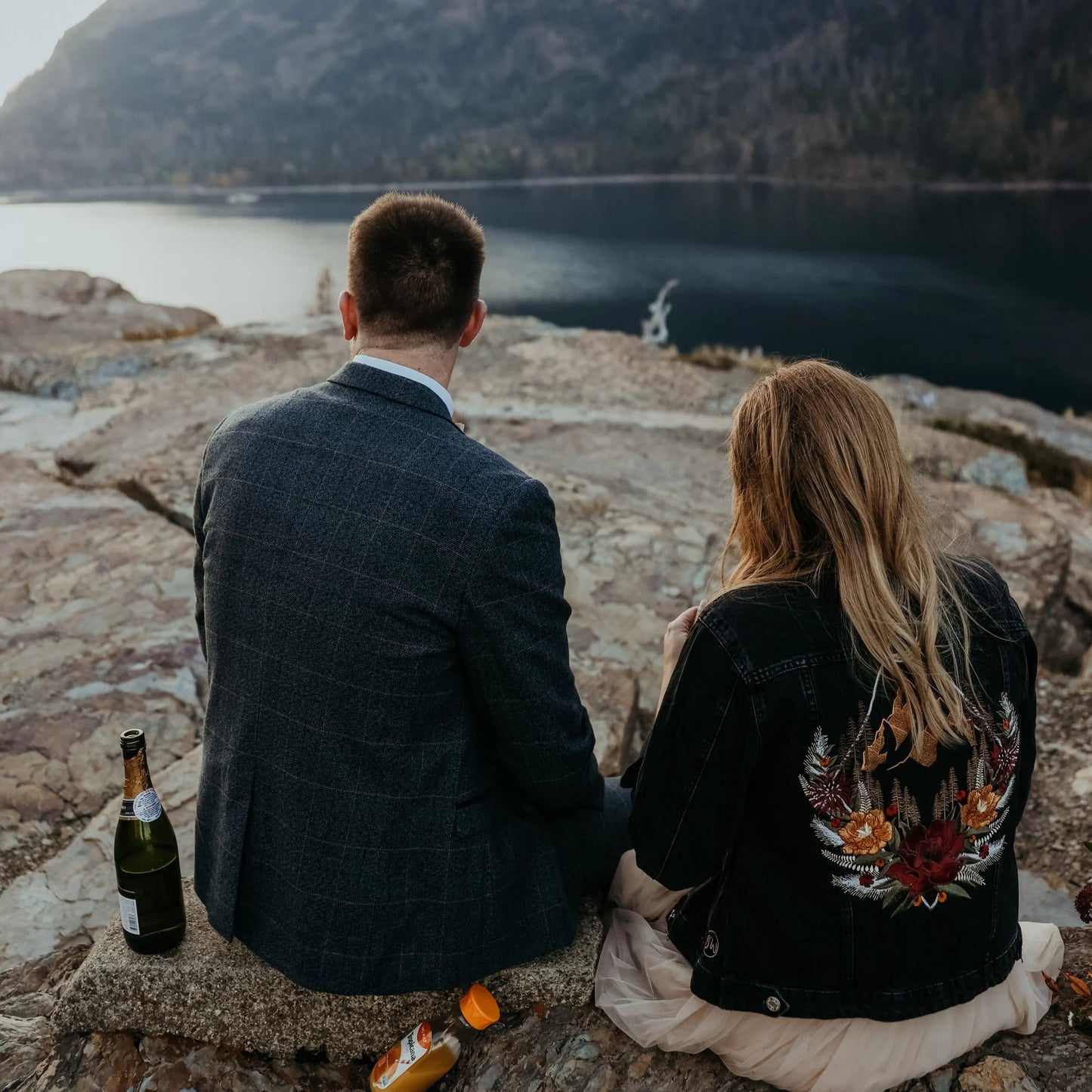 Embroidered Denim Jacket – Personalised Elopement Rose & Mountain Design