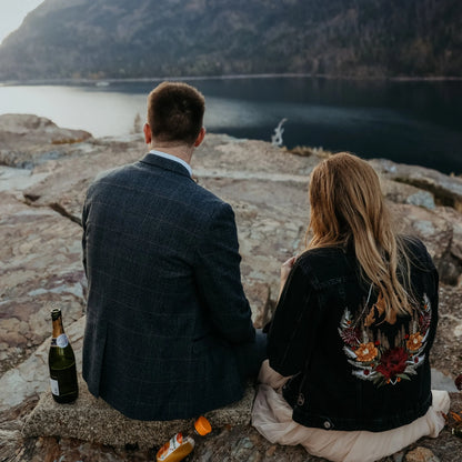 Embroidered Denim Jacket – Personalised Elopement Rose & Mountain Design