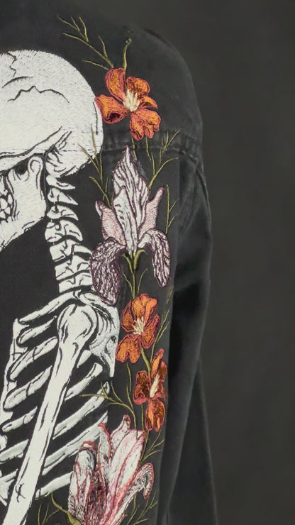 Custom Skeleton Embroidered Bridal Jacket - Black Gothic Alternative Wedding Denim Jacket