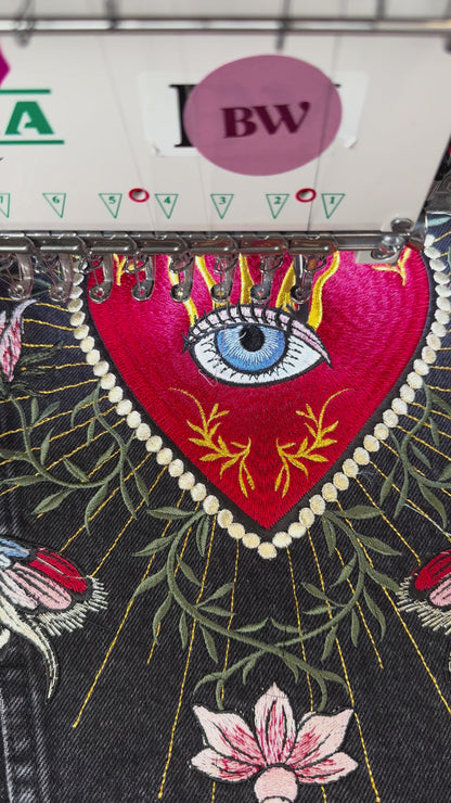 Custom Heart Eye Sacred Celestial Butterfly Floral Denim Jean Embroidered Jacket