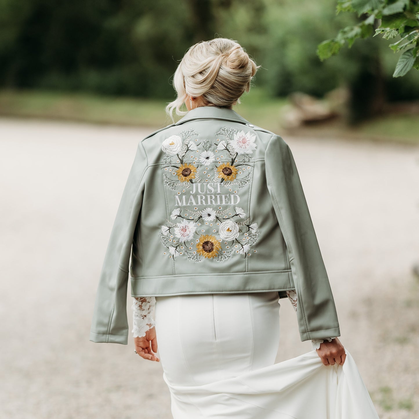 Women's Sage Green 'Just Married' Embroidered Floral Faux Leather Jacket Biker Moto Style